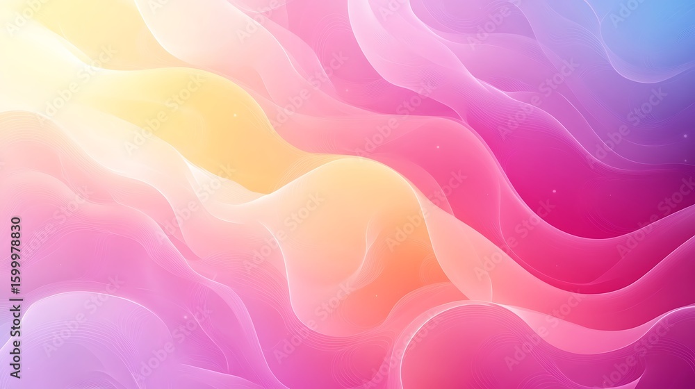 Poster smooth flowing waves of color transition from yellow and pink to purple and blue creating a soft eth