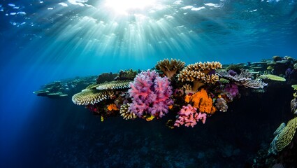 Vibrant Coral Reef in Shallow Tropical Water with Sunbeams