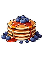 Stack of Pancakes with Blueberry Topping and Syrup Drizzle - Cartoon Illustration