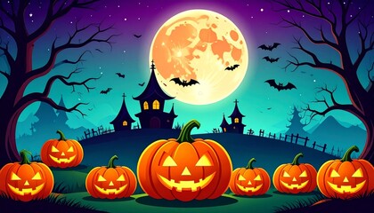Fototapeta premium Spooky Halloween night with scary pumpkins, bats, and a dark, eerie tree silhouette under the autumn moon, perfect for a celebration illustration