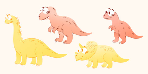 Four colorful cartoon dinosaurs in various poses. Includes a yellow brontosaurus, a pink T-rex, and two smaller yellow dinosaurs. Fun and playful design. Vector illustration