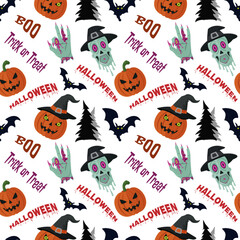 Halloween Seamless Pattern with spooky pumpkins, zombie hands, skulls, bats, trees, and festive text on a white background. Fun and creepy holiday design. Background for textile, wrapping, or decor. 