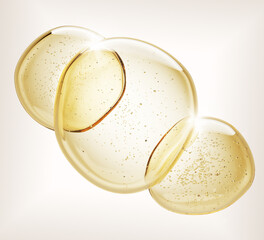 3d gold honey or argan oil drops texture. Liquid serum stain with bubbles, yellow transparent collagen gel, hyaluronic essence top view. Keratin cosmetic puddle on light background. 3D illustration