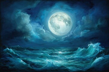 A moonlit, stormy sea.  Vast expanse of dark blue ocean, waves crashing.  Full moon,  pale and bright,  high in a cloudy night sky