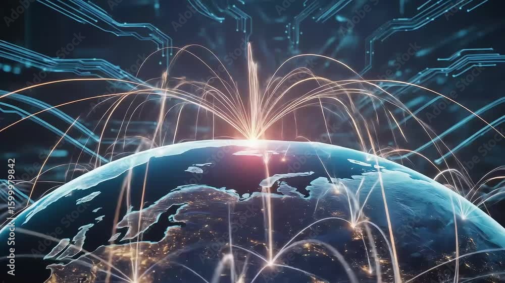 Poster global network connections with circuit background on dark backdrop