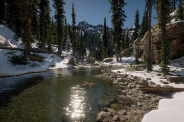 Snowy mountain stream with sunlit reflections