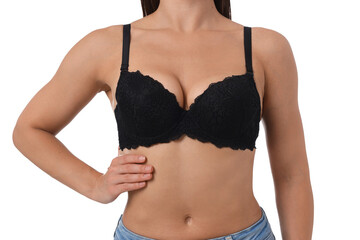 Woman wearing beautiful black bra on white background, closeup