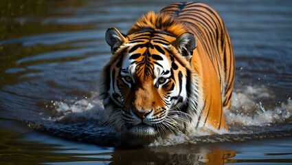 Majestic Bengal Tiger Walking Through Water - Wildlife Portrait