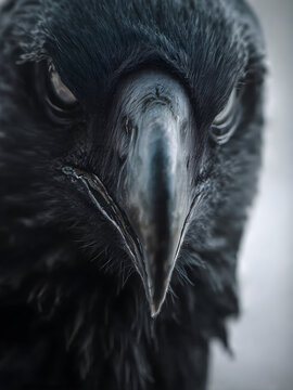 Raven close-up portrait, crow close-up portrait