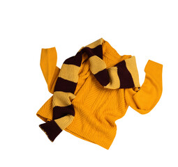 Yellow orange flying women's sweater decorated with scarf isolated on white.Autumn fashion garment, fall season clothing.