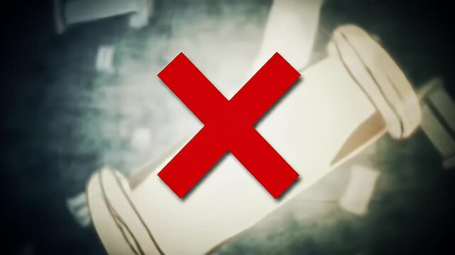 Red "X" overlaid on an abstract background of white forms with smoky effect