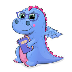 Cute Cartoon Blue Dragon with Glasses and Book. Back to School Vector Illustration with animal on a white background.