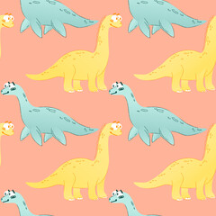 Colorful cartoon dinosaurs in a playful pattern on a pink background. Features blue and yellow dinosaurs with friendly expressions. Vector illustration