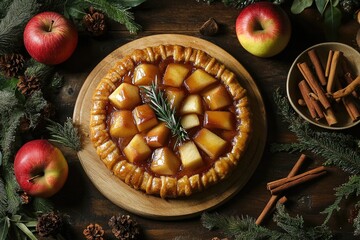 Overhead shot of an apple tart on a wooden board, surrounded by apples, cinnamon sticks, pine sprigs, and pine cones on a dark wooden surface.