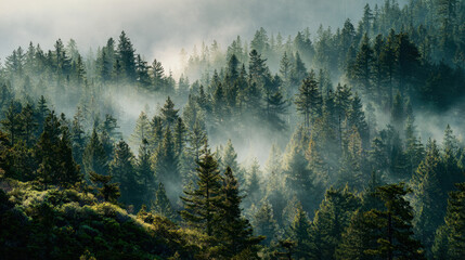 Fog drifting over dense evergreen forest on a misty morning in mountainous terrain