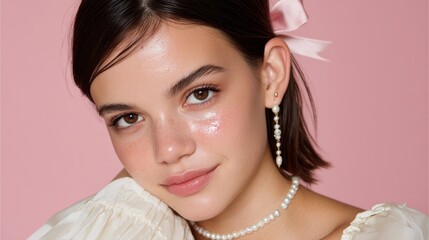 Closeup of a young woman with dewy skin, iridescent highlighter, pearlencrusted eyelids, soft pink lighting, and an angelic glow, showcasing delicate beauty and elegant accessories