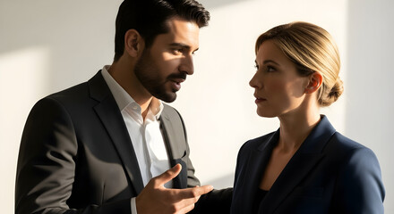 Professional business meeting between a confident man and a woman in formal attire discussing important work matters in a modern office setting with serious expressions and focused conversation
