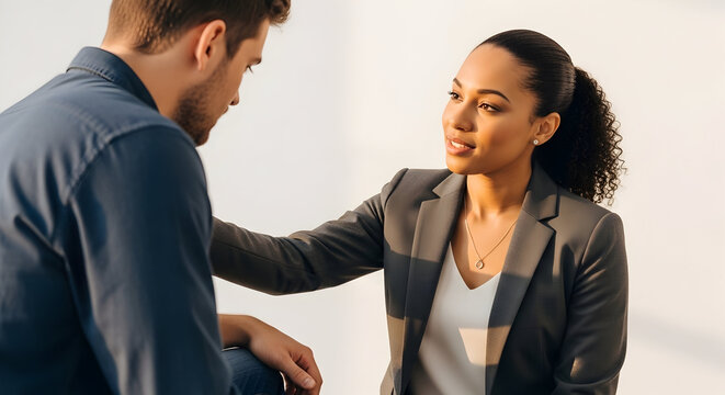 Businesswoman offering support and comfort to distressed male colleague during serious workplace discussion in modern office environment emphasizing empathy and teamwork