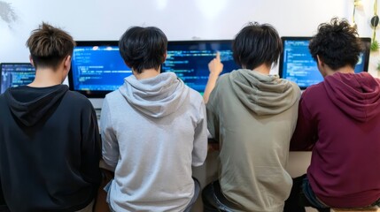 Group of four young male hackers in a server room, collaborating intensely as they monitor rapid code on multiple bluetinted screens, with one pointing at a firewall breach alert, emphasizing urgency