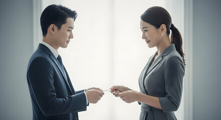 Business professionals exchanging business cards in a modern office setting representing networking corporate communication professional interaction and teamwork