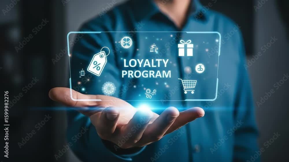 Poster loyalty program man holding futuristic display with icons