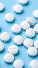 White Pills on Blue Background - Healthcare and Pharmaceuticals Concept
