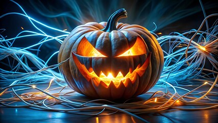 A terrifyingly carved jackolantern pumpkin glows with an evil orange light