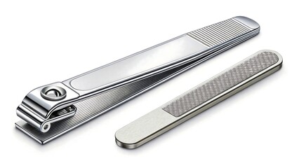 Shiny stainless steel nail clipper and nail file on white background for grooming and personal care