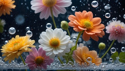 Vibrant Flowers Submerged in Water with Bubbles - Floral Still Life