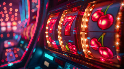 Naklejka na ściany i meble glowing slot machine showing three sevens and cherries, symbolizing a casino jackpot win with neon lights. Generative ai vector illustration. Wide banner image
