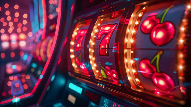 glowing slot machine showing three sevens and cherries, symbolizing a casino jackpot win with neon lights. Generative ai vector illustration. Wide banner image