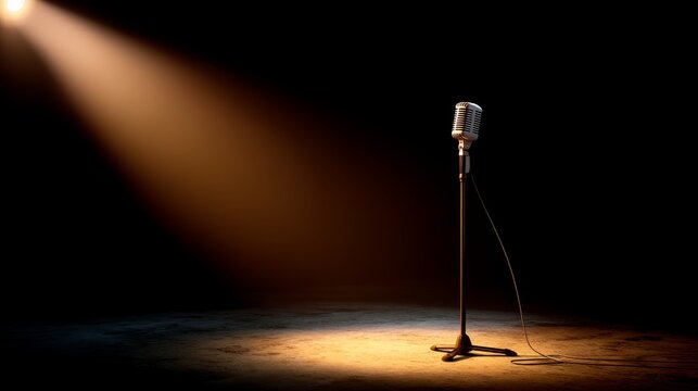 Dramatic spotlight illuminates vintage silver microphone on dark stage with golden glow, creating an elegant and inspiring atmosphere for performances or speeches