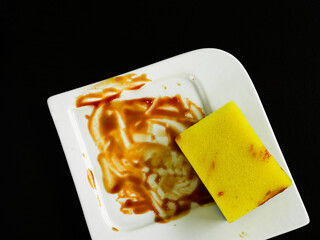 Dirty dish plate top view background, finished eat dinner in restautant, abstract textuer stain...