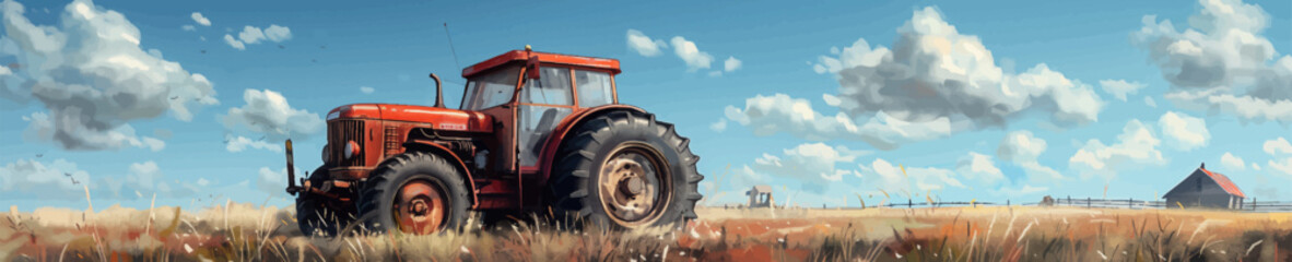 Obraz premium red tractor operating in a golden wheat field under a bright sky with dramatic clouds. Generative ai vector illustration. Wide banner image