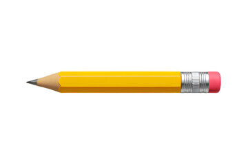 Yellow wooden pencil with pink eraser and sharpened graphite tip laying horizontally on a transparent background