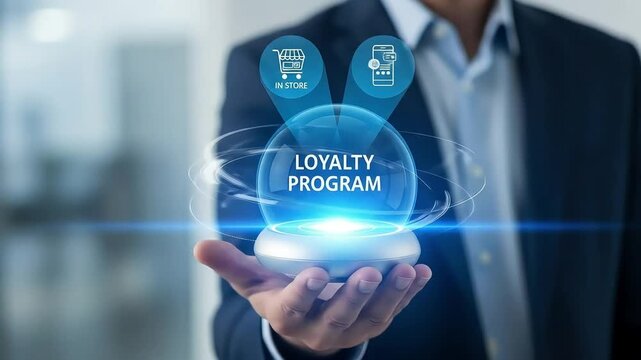 Hand holding loyalty program hologram; retail, mobile icons above