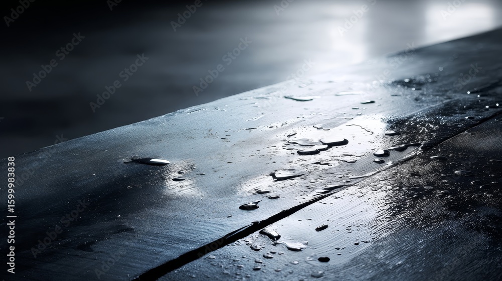 Poster closeup of wet wooden surface showing grooves and reflections in soft light with textural details an