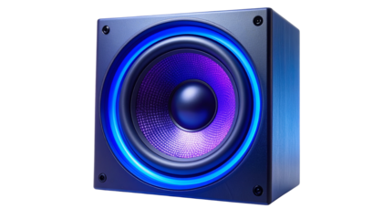 Vibrating audio speaker emitting blue-purple illumination, generating hypnotic light pattern isolated on solid white Png format