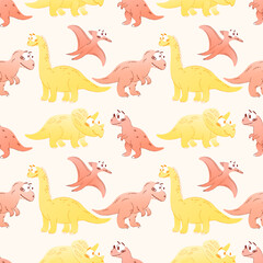 A colorful pattern featuring various cartoon dinosaurs including a yellow brontosaurus, pink triceratops, and flying pterodactyls on a light background. Vector illustration