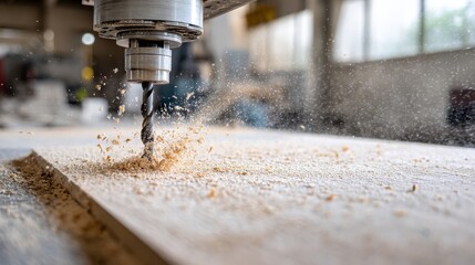 Closeup of cnc router bit carving intricate patterns into light wooden board with flying sawdust showcasing precision craftsmanship and industrial technique