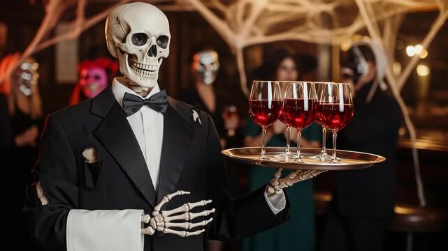 A skeleton dressed as a waiter serves glasses of wine on a tray at a Halloween party, surrounded by costumed guests celebrating in a bright, festive setting.