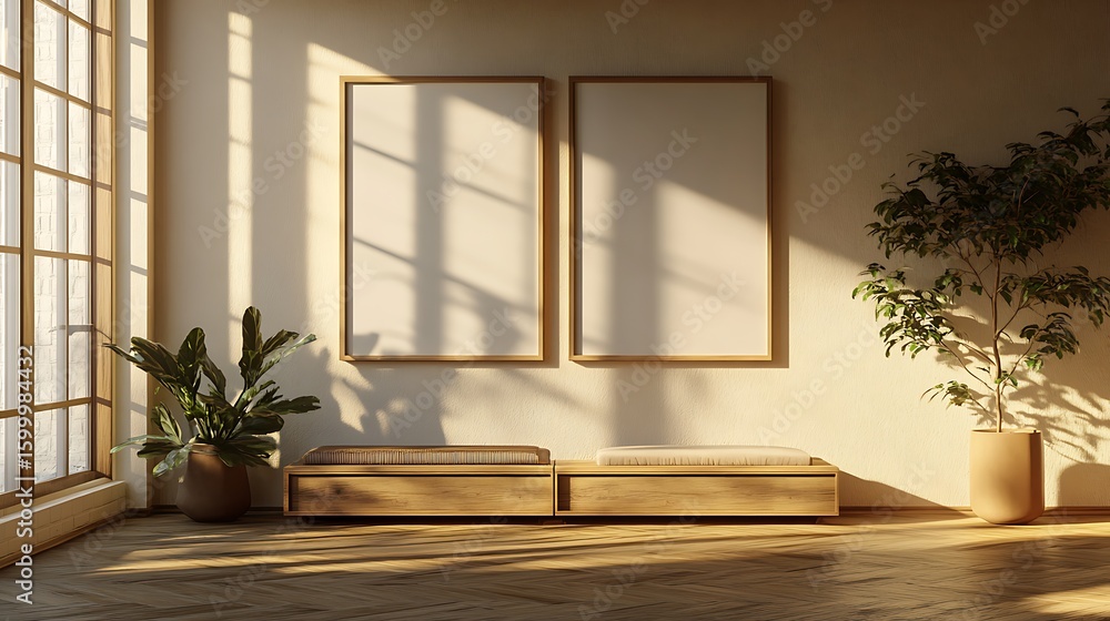 Aufkleber sunlight streams through a large window illuminating a living room with two blank frames on a light 