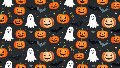 Obraz premium Spooky Halloween seamless pattern with cartoon pumpkin faces, bats, and other scary autumn holiday illustrations for a festive October celebration design