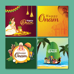 Happy Onam Greeting Cards Set with Festival Elements in Four Options.