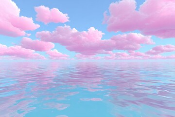 Pastel pink clouds reflect on a serene, tranquil ocean.  A digital rendering of a dreamy, idealized landscape