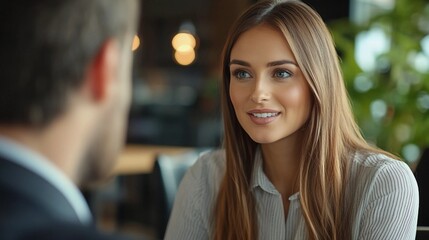 Charismatic Businesswoman in Trendy Cafe Talk