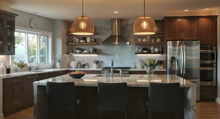 Modern kitchen with dark wood cabinetry, a large marble island, pendant lighting, and open shelving displaying decorative objects.  Warm lighting creates a cozy ambiance