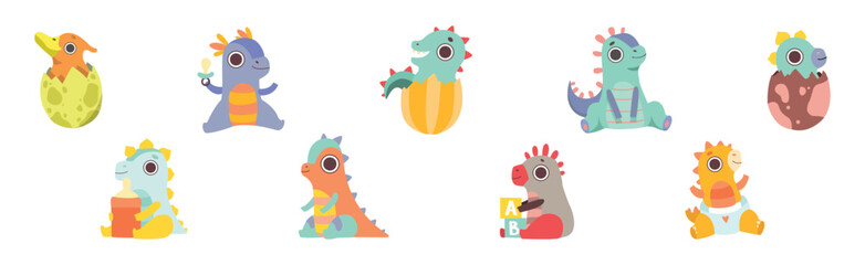 Cute Dinosaur Baby and Cub with Pretty Snout Vector Set