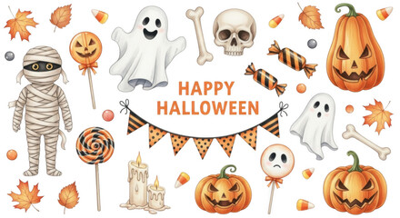 A delightful collection of halloween characters and symbols, including pumpkins, ghosts, a mummy, and a skull, set against a festive background isolated on transparent background