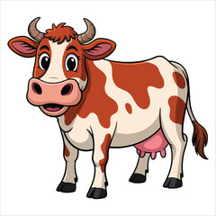 Cute cow with brown spots and big eyes, an adorable farm animal illustration on white background, perfect for kids projects and educational design